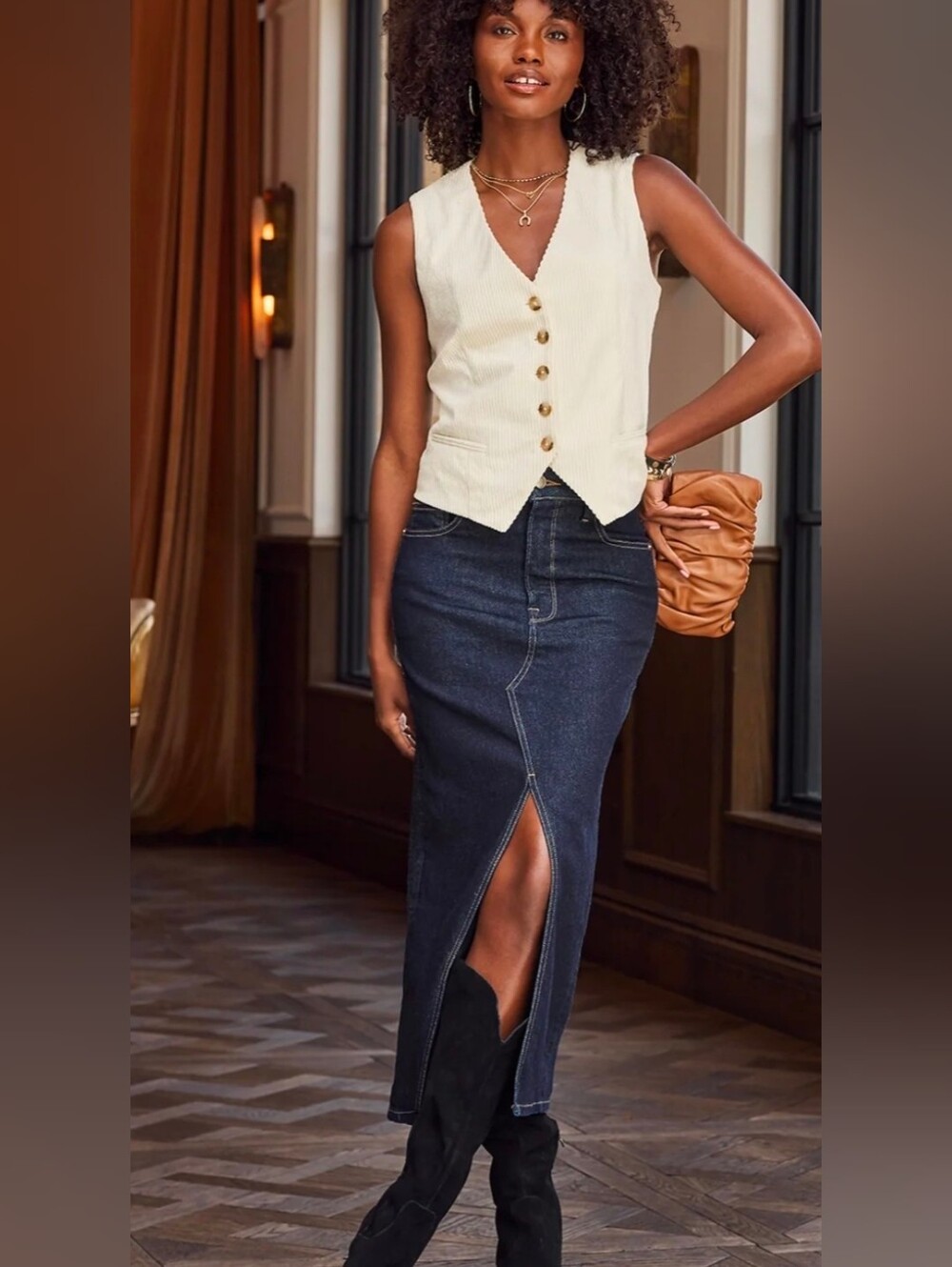 Good American Dark Blue Denim Pencil Skirt with Front Slit